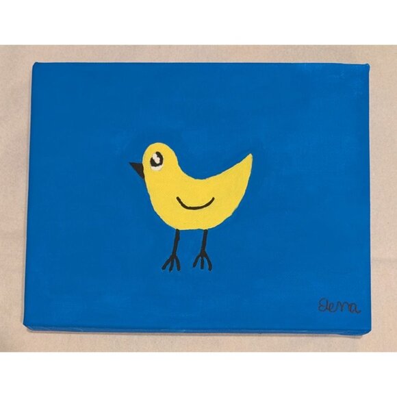 Yellow Bird Painting on Blue Canvas by Elena Mernoff 8x10 - Picture 6 of 10